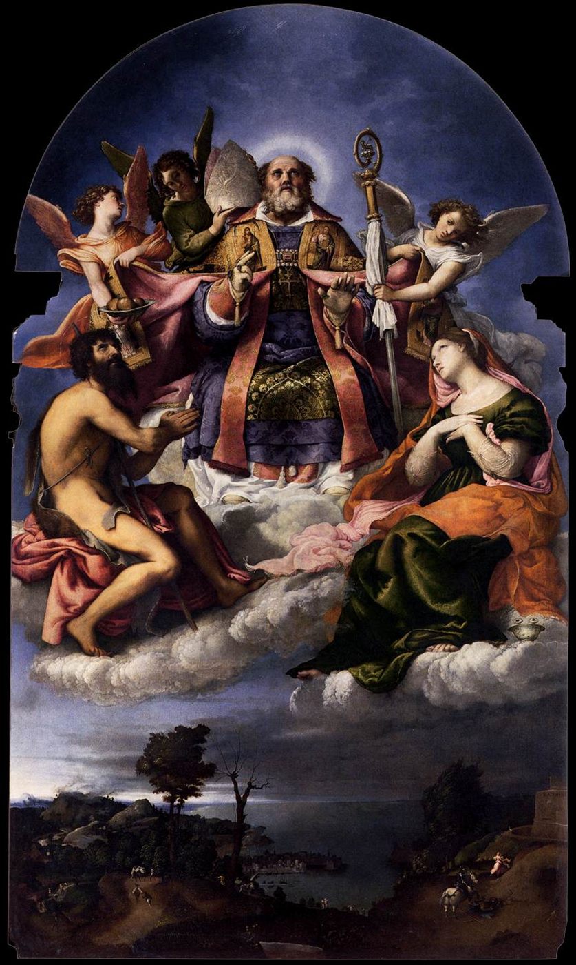 Saint Nicholas in glory, with Saint John the Baptist and Saint Lucy, Lorenzo Lotto, 1529. Santa Maria dei Carmini, Venice.