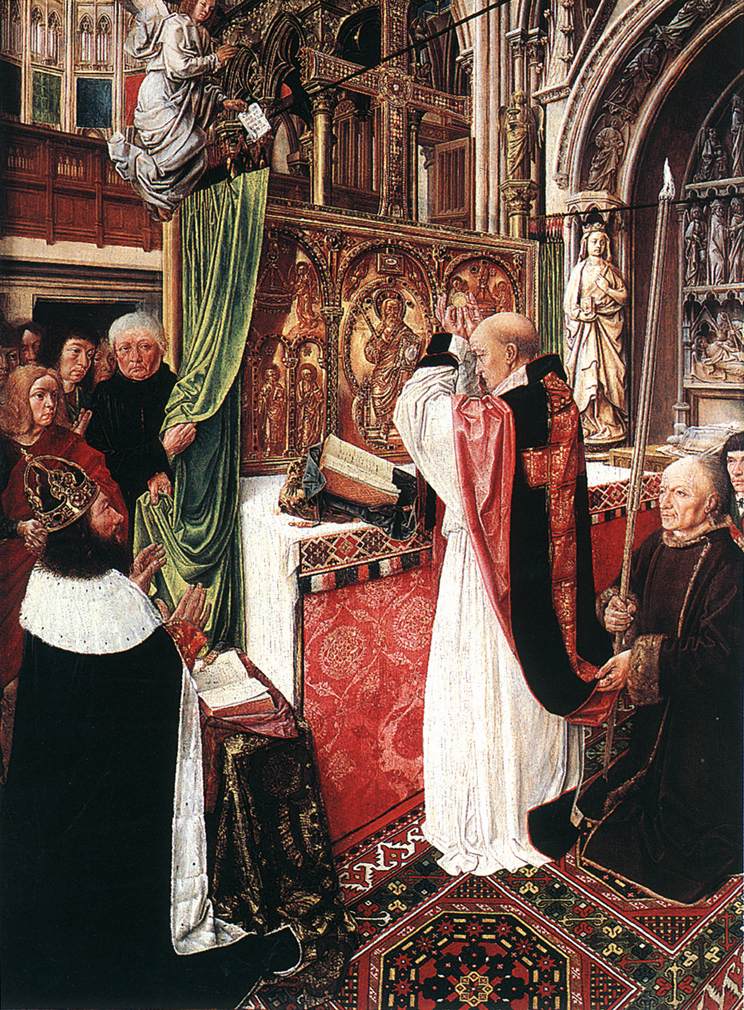 The Mass of Saint Giles, by the Master of Saint Giles, about 1500: at the high altar of Saint-Denis the priest, facing the altar as the faithful do, raises the Host. National Gallery, London.