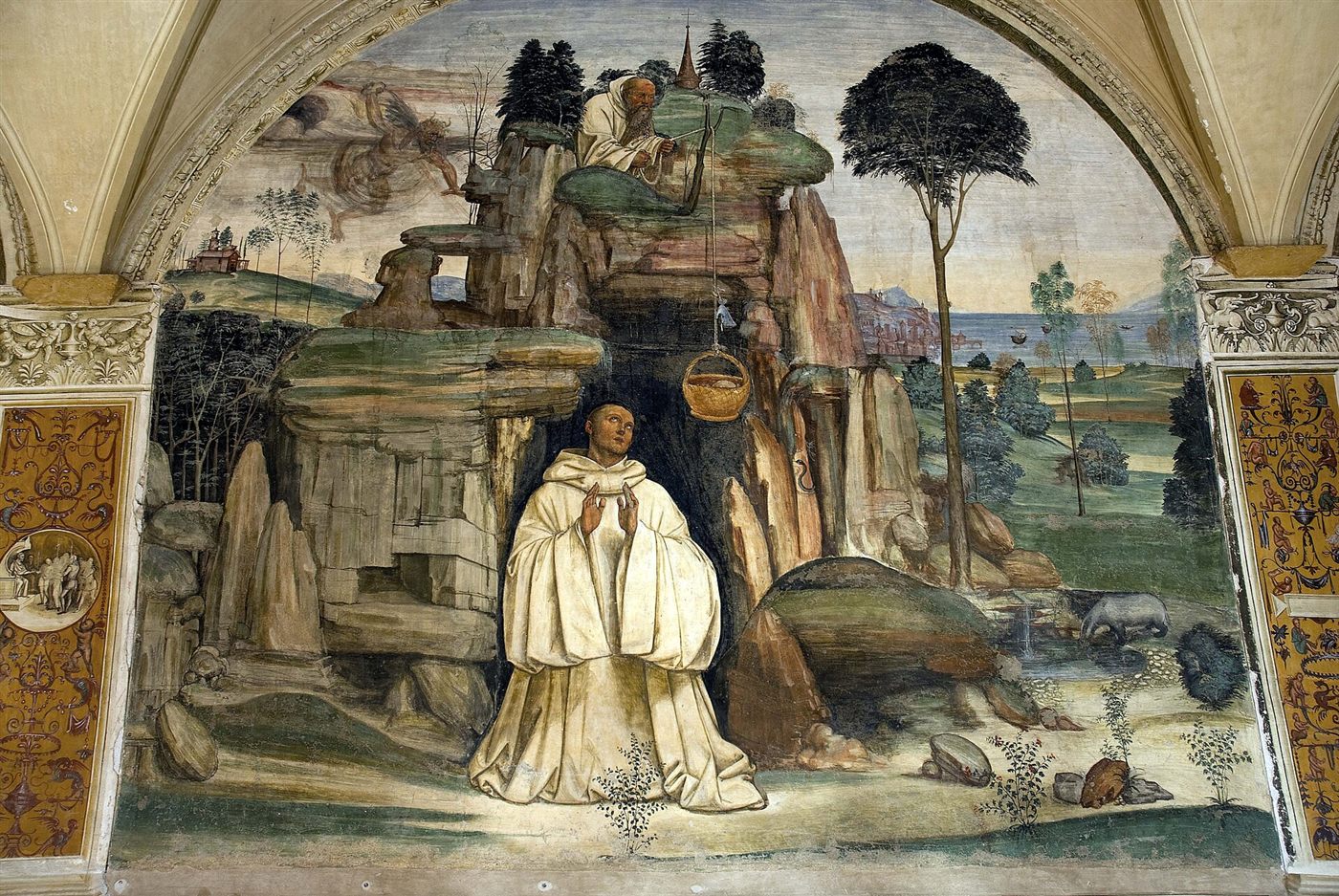 The devil breaks the little bell that announced Benedict’s food, fresco by Il Sodoma, 1505–1508, cloister of Monte Oliveto Maggiore.