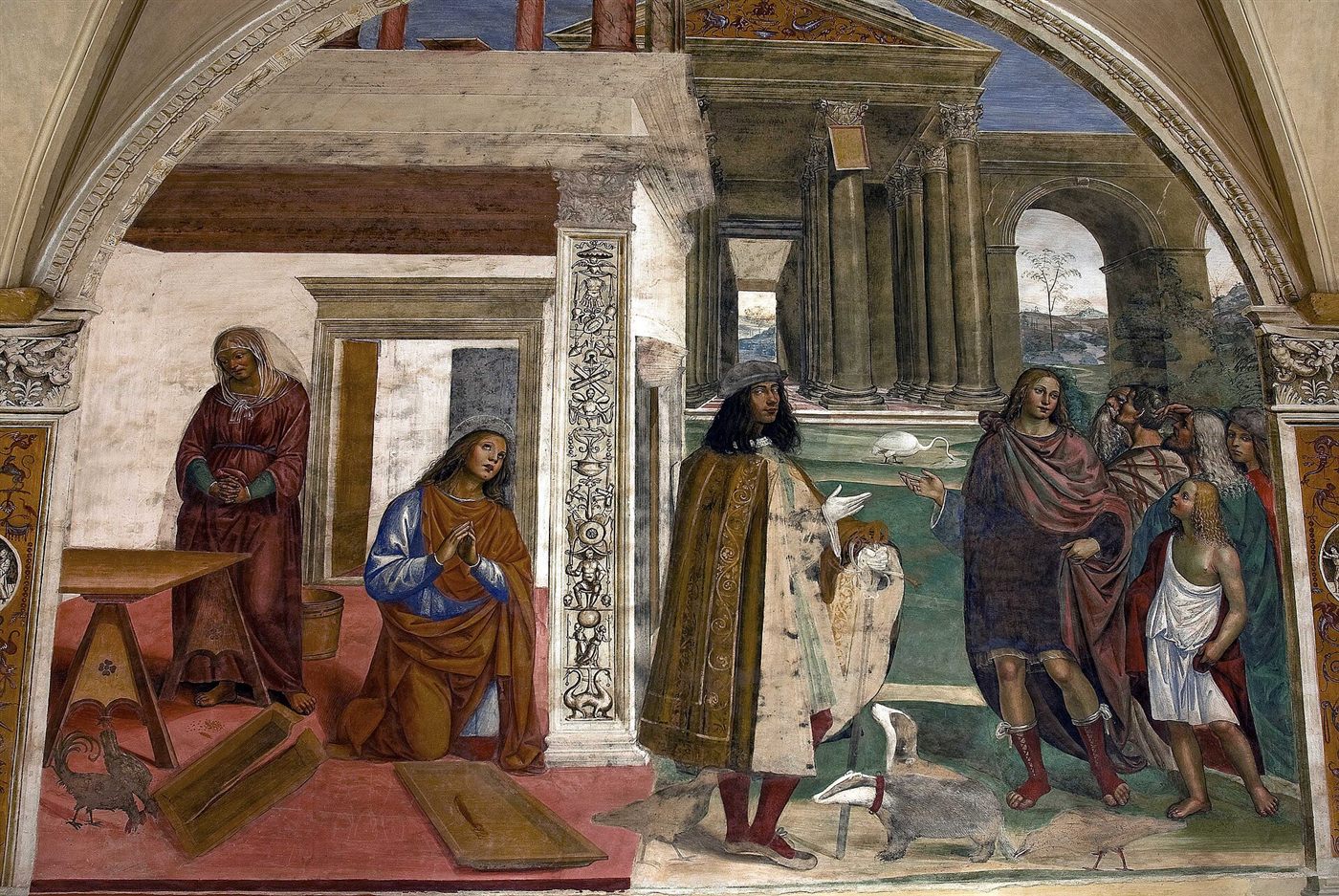 Saint Benoît répare par sa prière le crible brisé, fresque du Sodoma, 1505-1508, cloître de Monte Oliveto Maggiore.