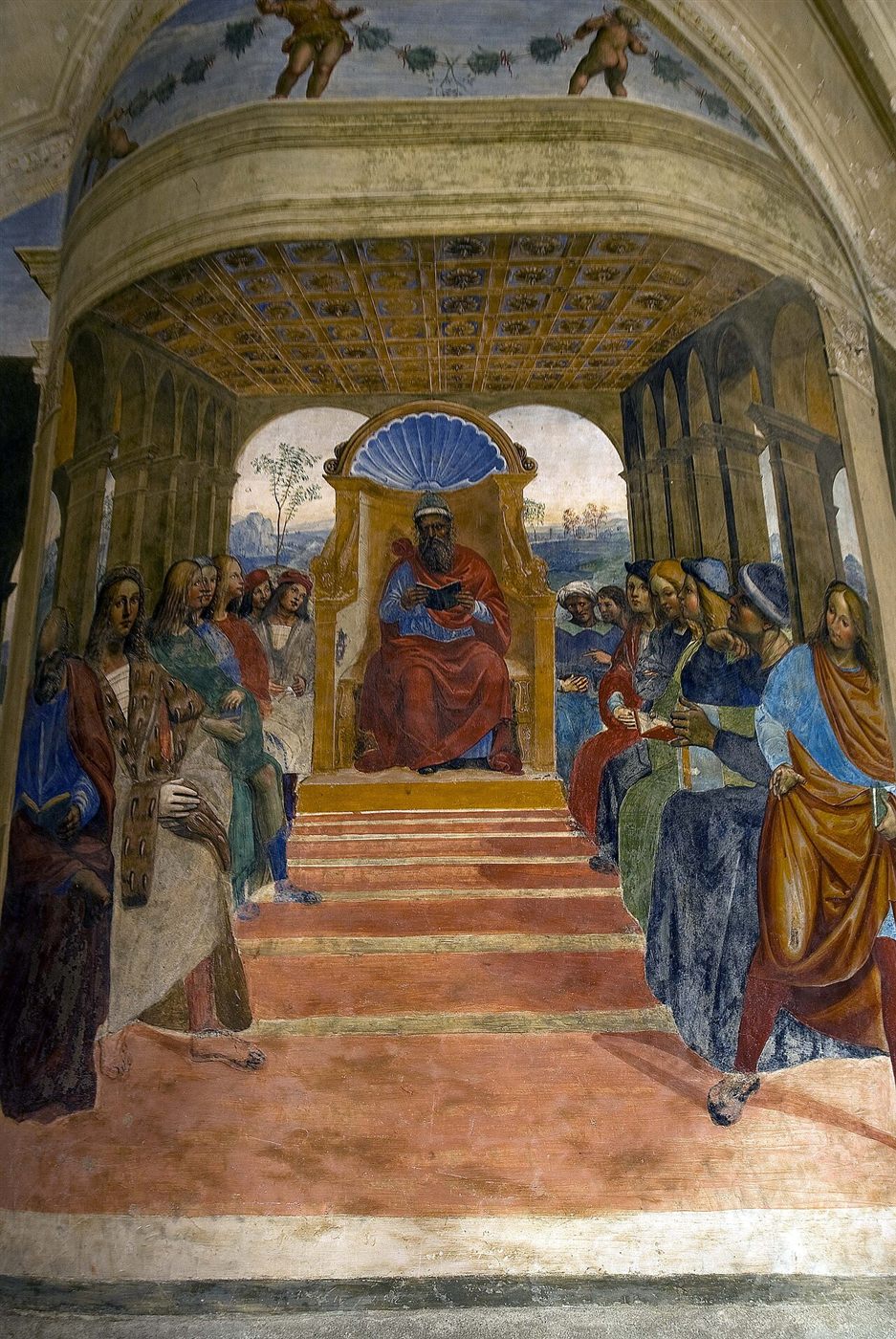 Benedict leaves the schools of Rome, fresco by Il Sodoma, 1505–1508, cloister of Monte Oliveto Maggiore.