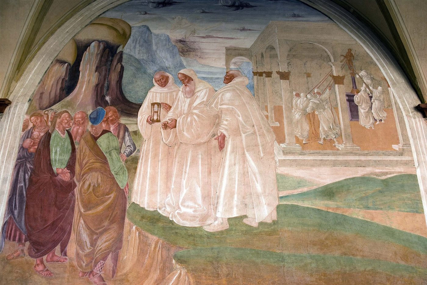 Benedict preaches to the people of Monte Cassino, fresco by Luca Signorelli, 1497–1498, cloister of Monte Oliveto Maggiore.