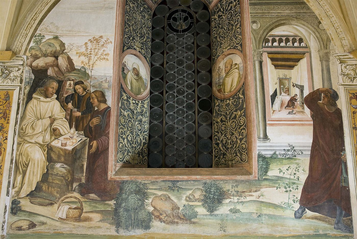 A priest brings Benedict his meal on Easter Day, fresco by Il Sodoma, 1505–1508, cloister of Monte Oliveto Maggiore.
