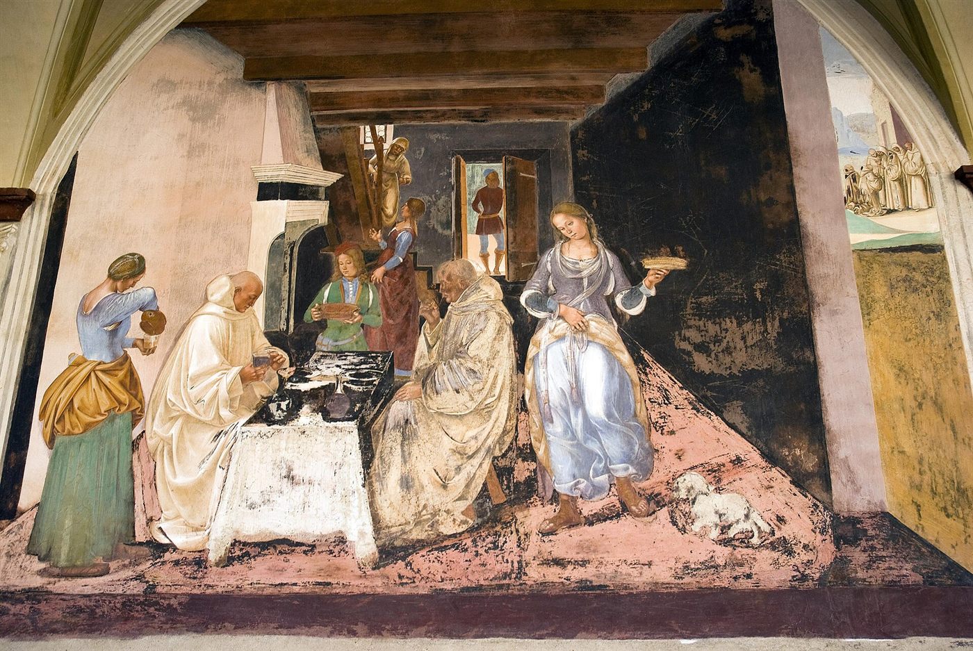 Benedict tells the monks where they have eaten outside the monastery, fresco by Luca Signorelli, 1497–1498, cloister of Monte Oliveto Maggiore.