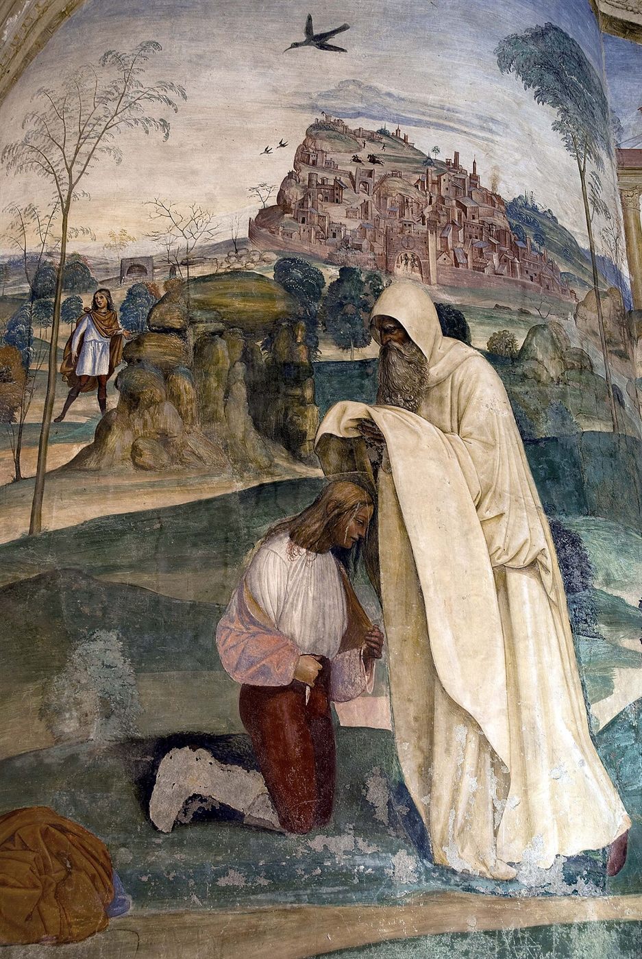Le moine Romain donne l’habit monastique à Benoît, fresque du Sodoma, 1505-1508, cloître de Monte Oliveto Maggiore.