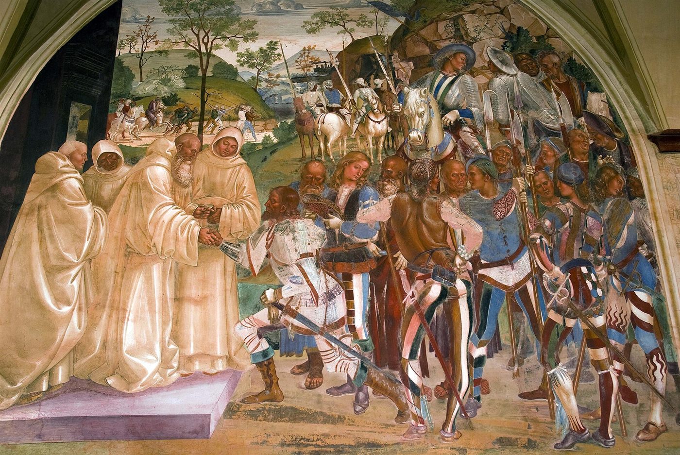 Saint Benoît reconnaît et accueille le roi Totila, fresque de Luca Signorelli, 1497-1498, cloître de Monte Oliveto Maggiore.