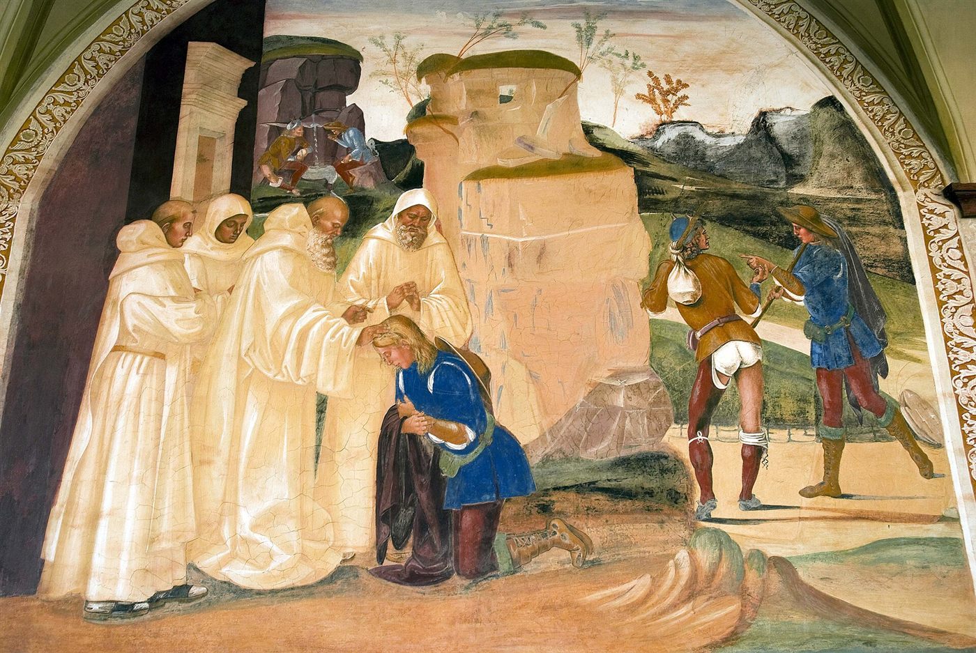 Benedict rebukes the brother of the monk Valerian, who broke his fast on the road, fresco by Luca Signorelli, 1497–1498, cloister of Monte Oliveto Maggiore.