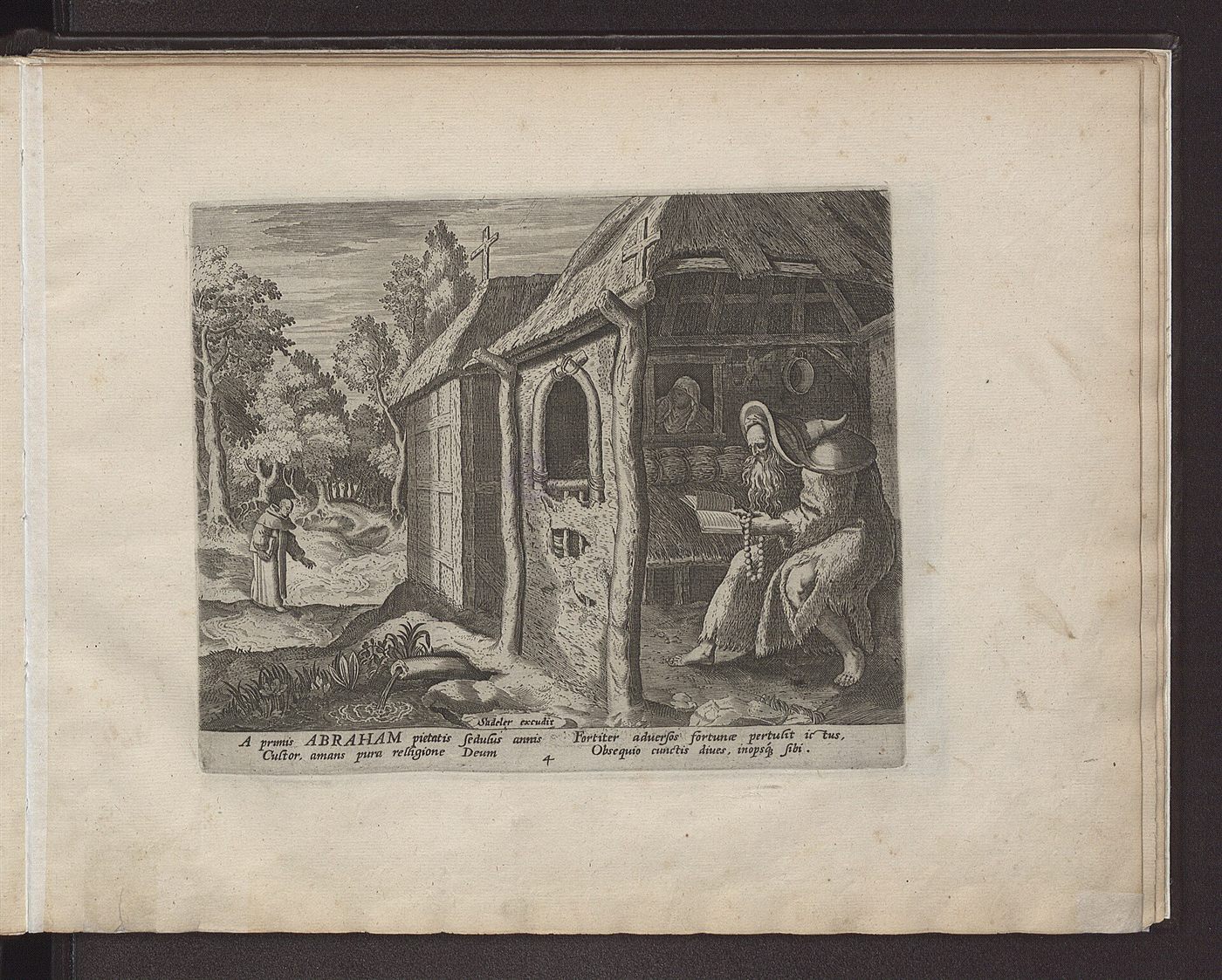 The hermit Abraham, “obliging to all”, engraving by Jan Sadeler after Maerten de Vos, Solitudo sive Vitae Patrum eremicolarum, 1594.