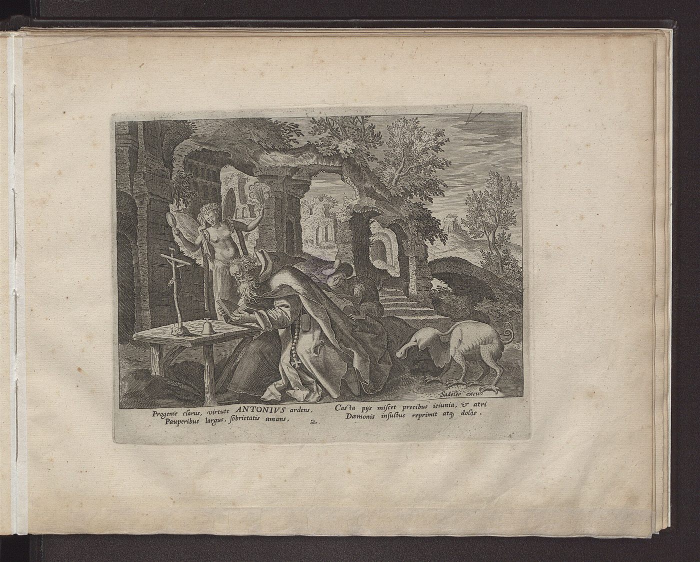 Saint Anthony, engraving by Jan Sadeler after Maerten de Vos, Solitudo sive Vitae Patrum eremicolarum, 1594.