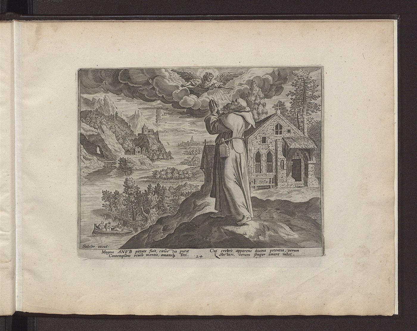 Anub, contemplating heavenly things “with the eye of the mind”, engraving by Jan Sadeler after Maerten de Vos, Solitudo sive Vitae Patrum eremicolarum, 1594.