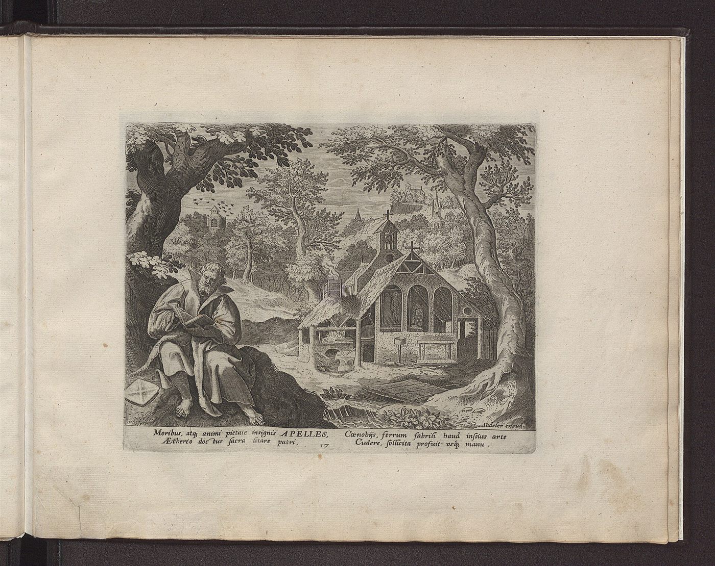 Apelles, a smith working for the monasteries, engraving by Jan Sadeler after Maerten de Vos, Solitudo sive Vitae Patrum eremicolarum, 1594.
