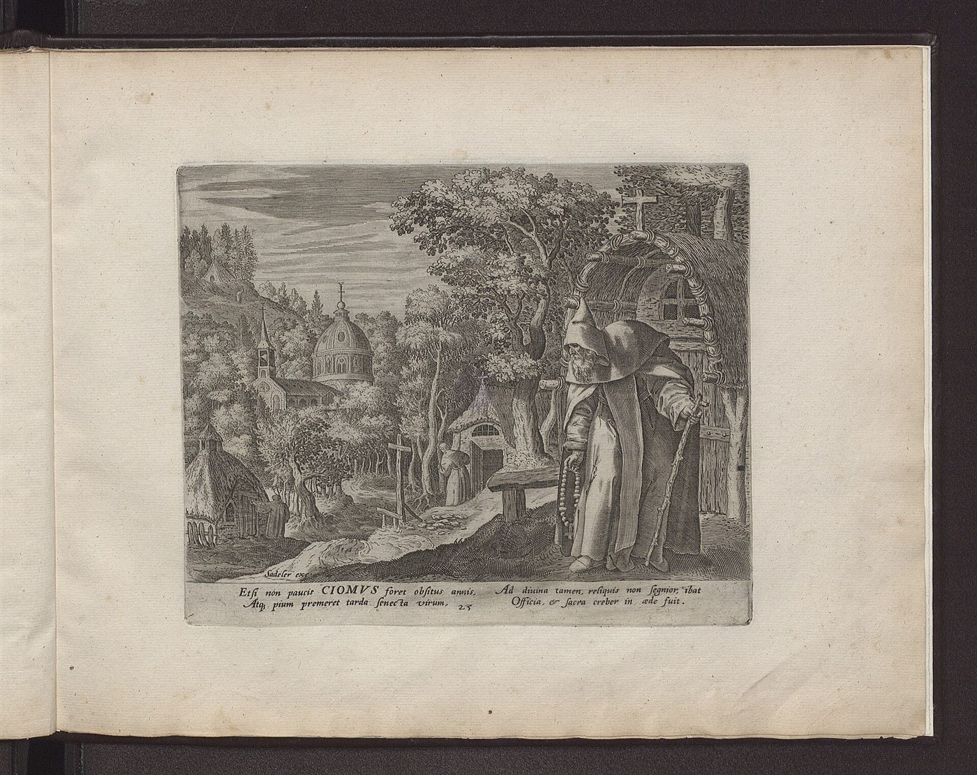 Ciomus, chargé d’années, fidèle aux offices, gravure de Jan Sadeler d’après Maerten de Vos, Solitudo sive Vitae Patrum eremicolarum, 1594.