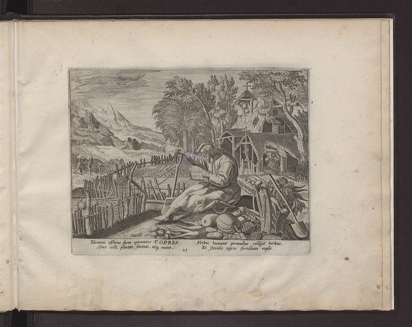 Abba Copres ploughs, plants, sows and reaps, engraving by Jan Sadeler after Maerten de Vos, Solitudo sive Vitae Patrum eremicolarum, 1594.