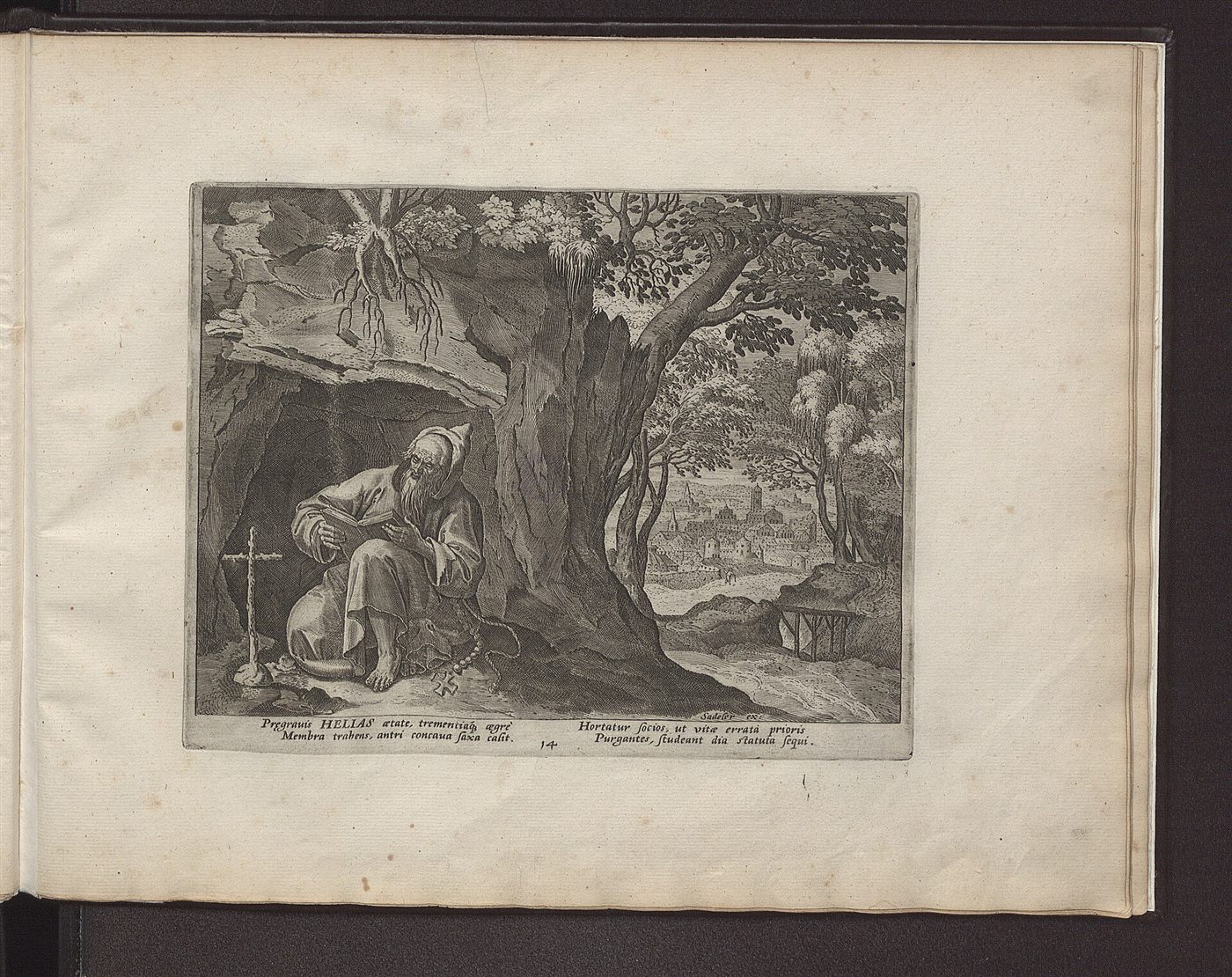 El ermitaño Elías exhorta a sus compañeros a enmendarse, grabado de Jan Sadeler según Maerten de Vos, Solitudo sive Vitae Patrum eremicolarum, 1594.