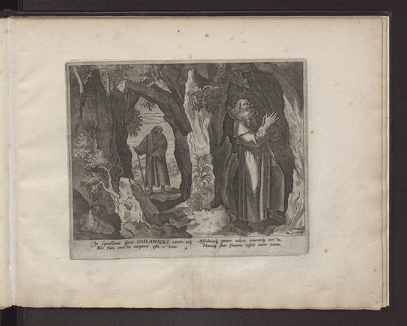 The hermit John, constant in prayer and fasting, engraving by Jan Sadeler after Maerten de Vos, Solitudo sive Vitae Patrum eremicolarum, 1594.
