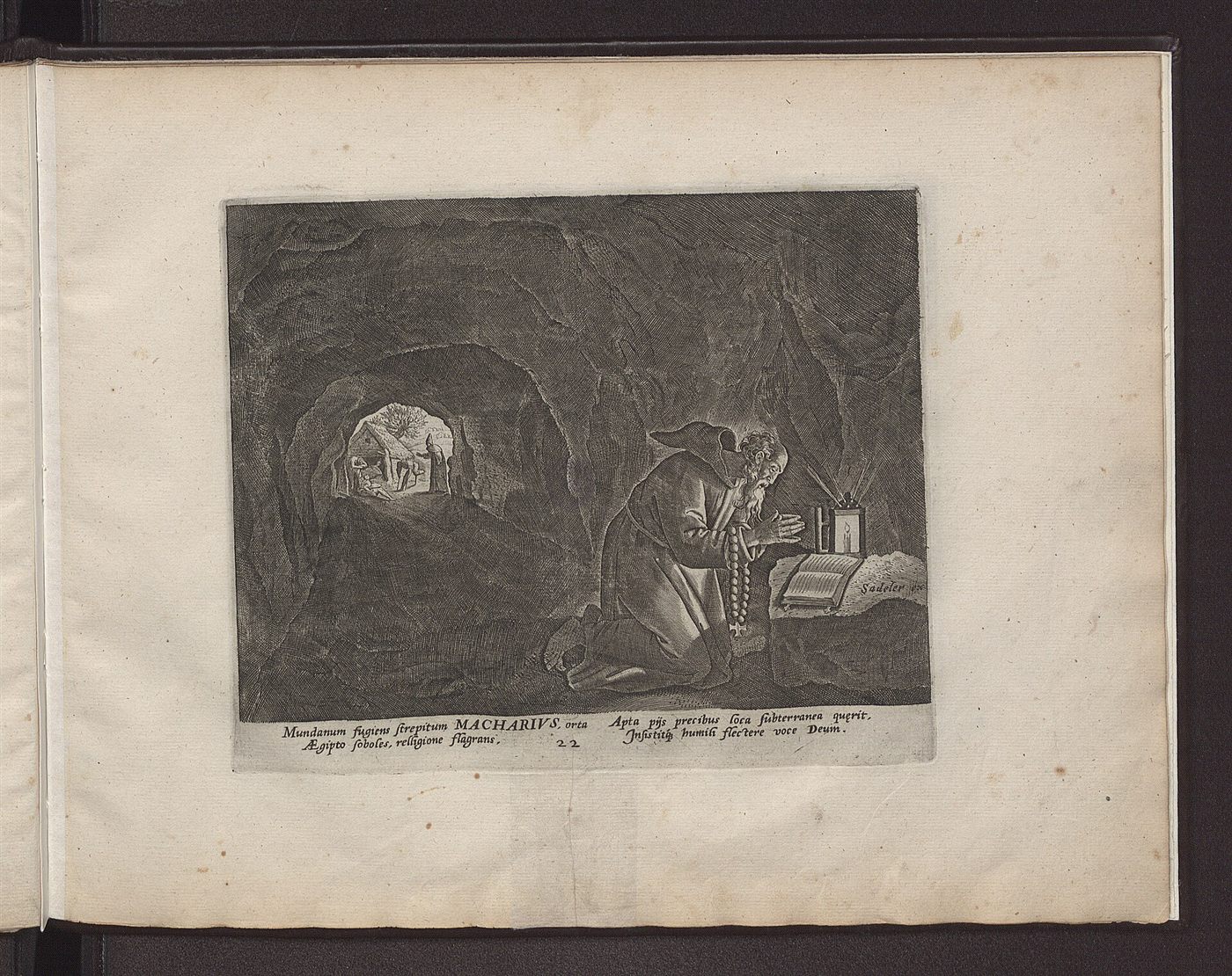 Saint Macarius the Egyptian seeks a hidden place for prayer, engraving by Jan Sadeler after Maerten de Vos, Solitudo sive Vitae Patrum eremicolarum, 1594.
