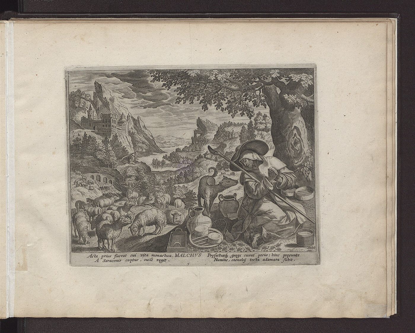 Saint Malchus, a monk who returned to the common life, engraving by Jan Sadeler after Maerten de Vos, Solitudo sive Vitae Patrum eremicolarum, 1594.
