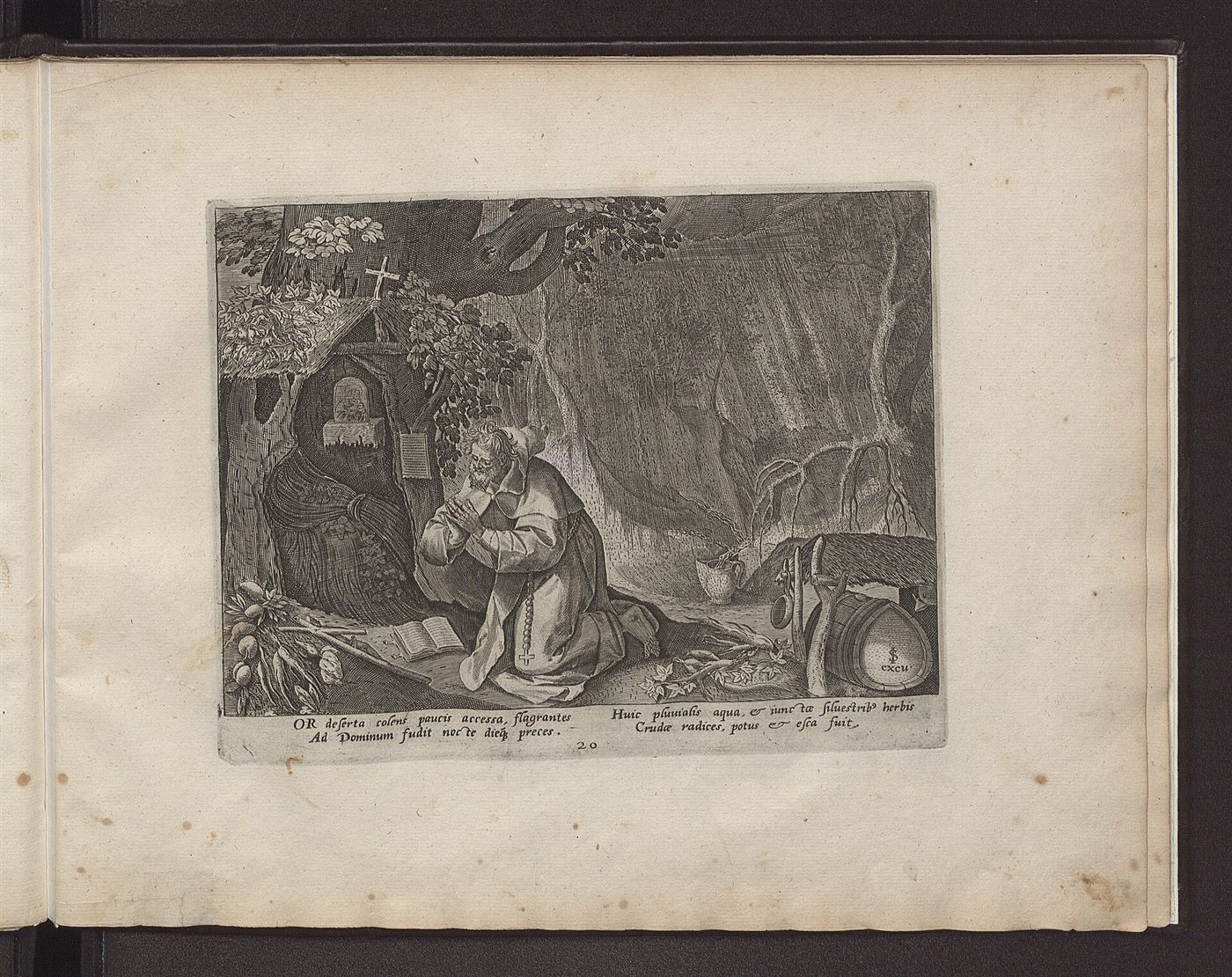 Abba Or prays day and night in the desert, engraving by Jan Sadeler after Maerten de Vos, Solitudo sive Vitae Patrum eremicolarum, 1594.