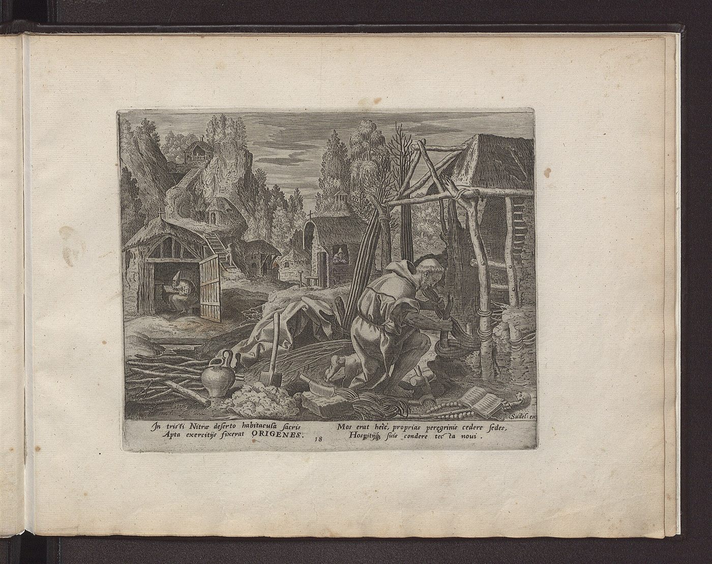 Origen of Nitria gives up his cell to pilgrims, engraving by Jan Sadeler after Maerten de Vos, Solitudo sive Vitae Patrum eremicolarum, 1594.