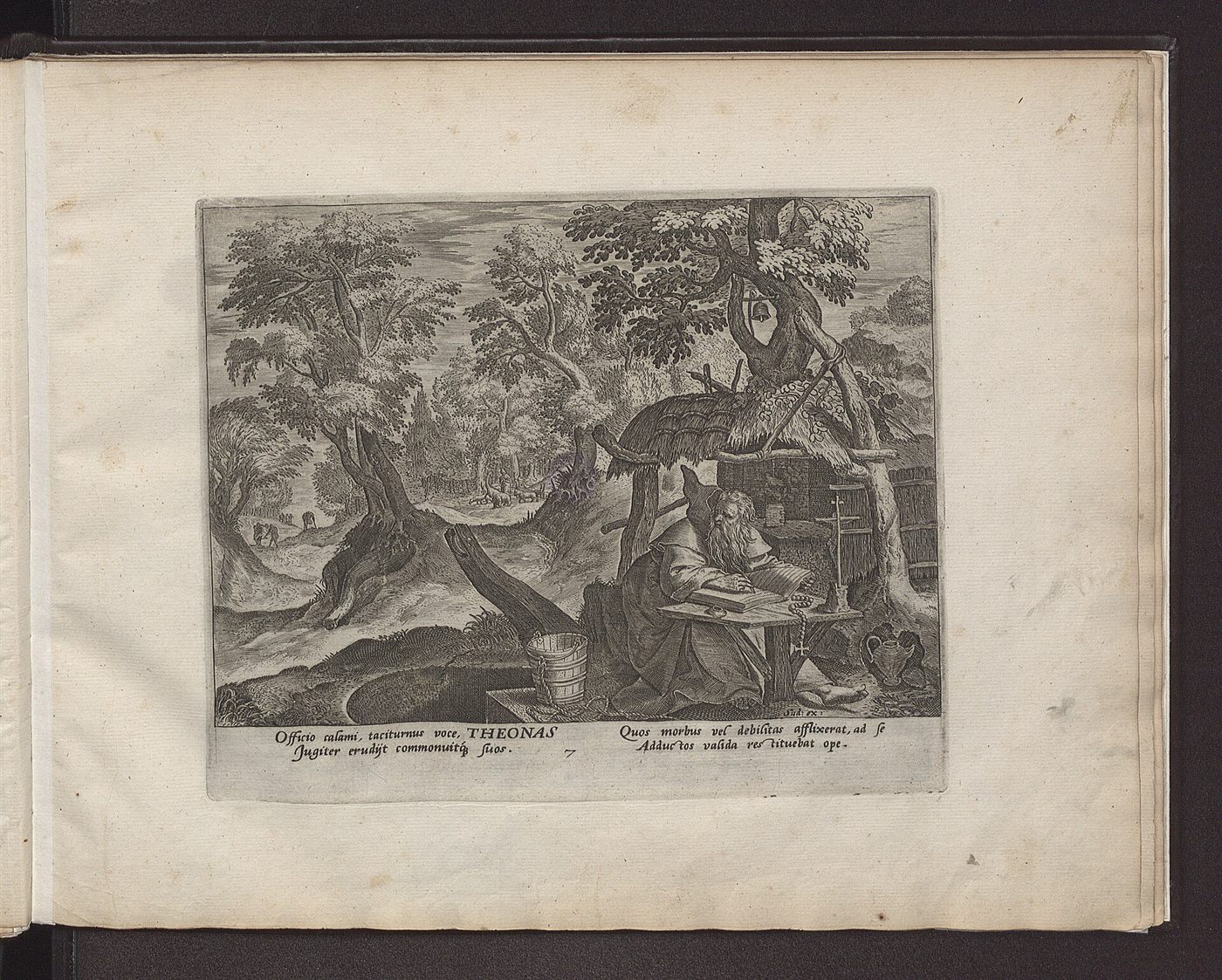 El abad Teonás, «callado de voz», enseñaba por escrito, grabado de Jan Sadeler según Maerten de Vos, Solitudo sive Vitae Patrum eremicolarum, 1594.