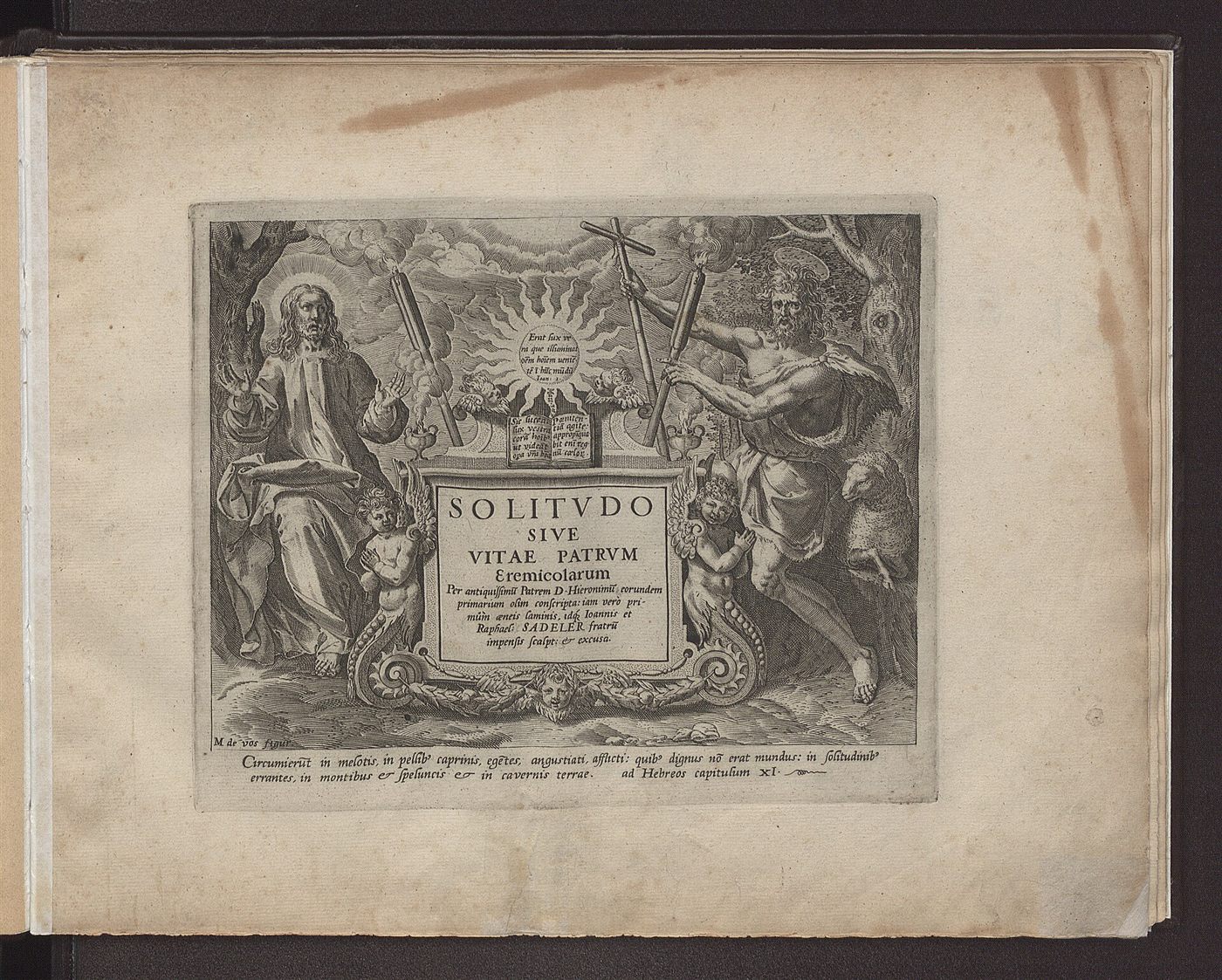 Title page of the Solitudo sive Vitae Patrum eremicolarum, engraving by Jan Sadeler after Maerten de Vos, 1594.