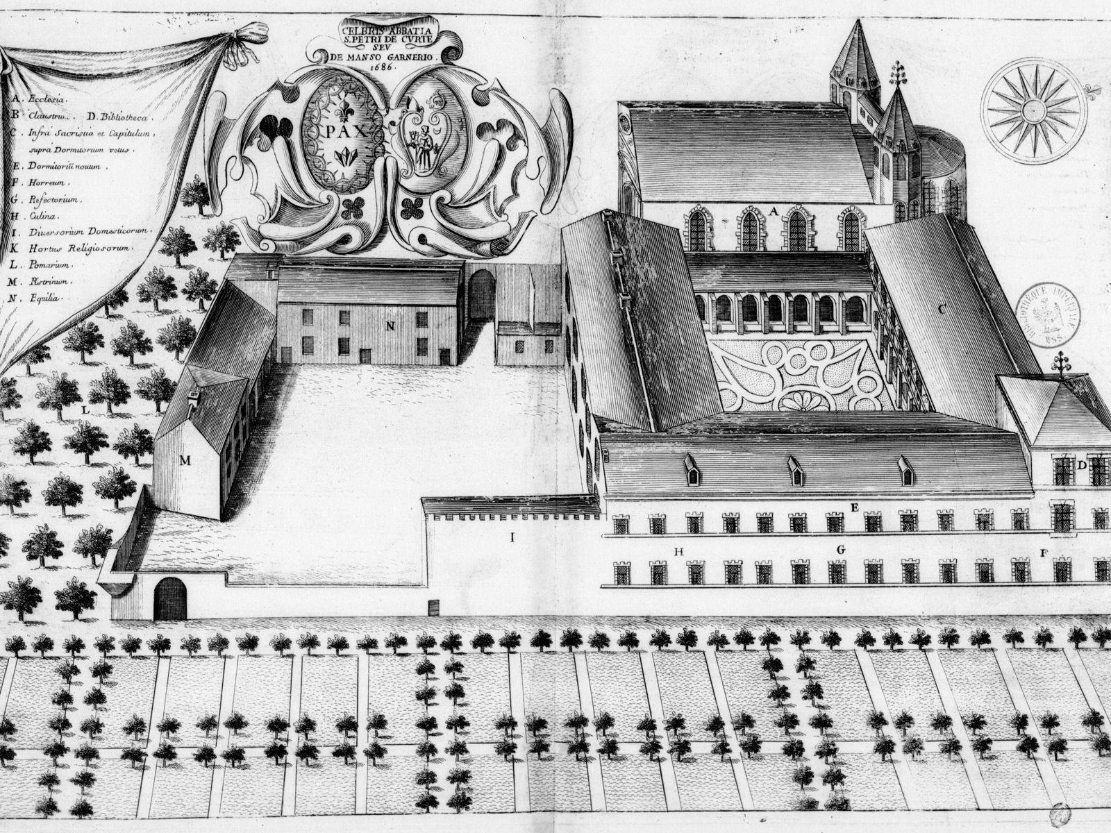 The Abbaye Saint-Pierre of Mas-Garnier, plate of the Monasticon Gallicanum, 1686